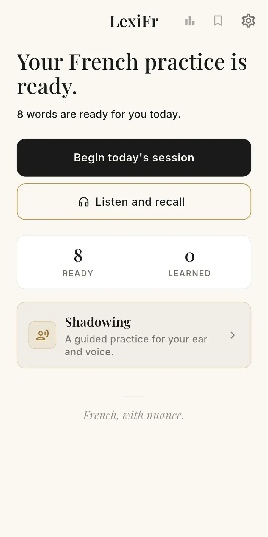 The LexiFr home screen: eight French words ready for today, with a button to begin the day's session
